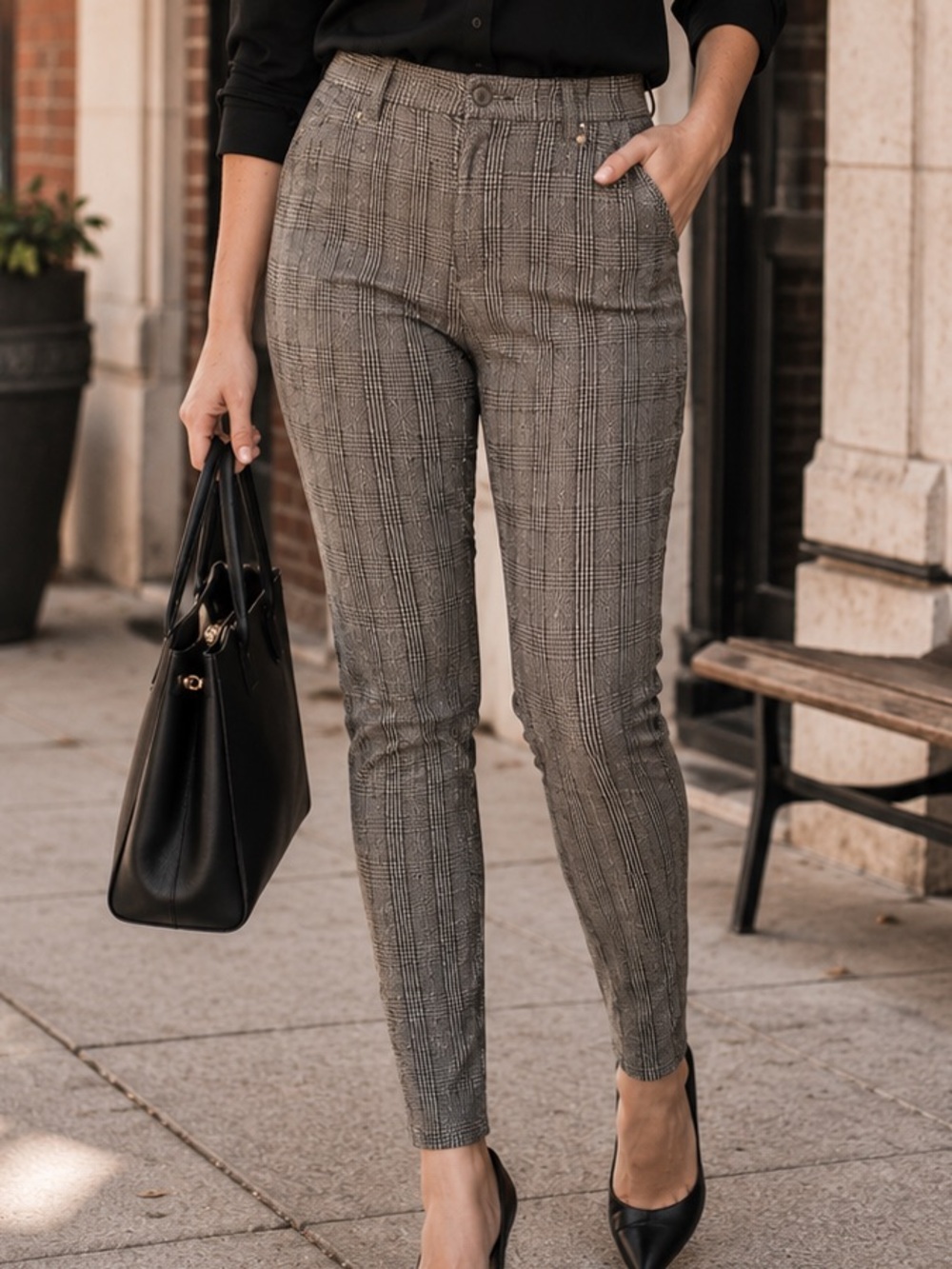 Hybrid & Company Preppy Old Money Plaid Skinny Career Office Stretch Pants XL‎